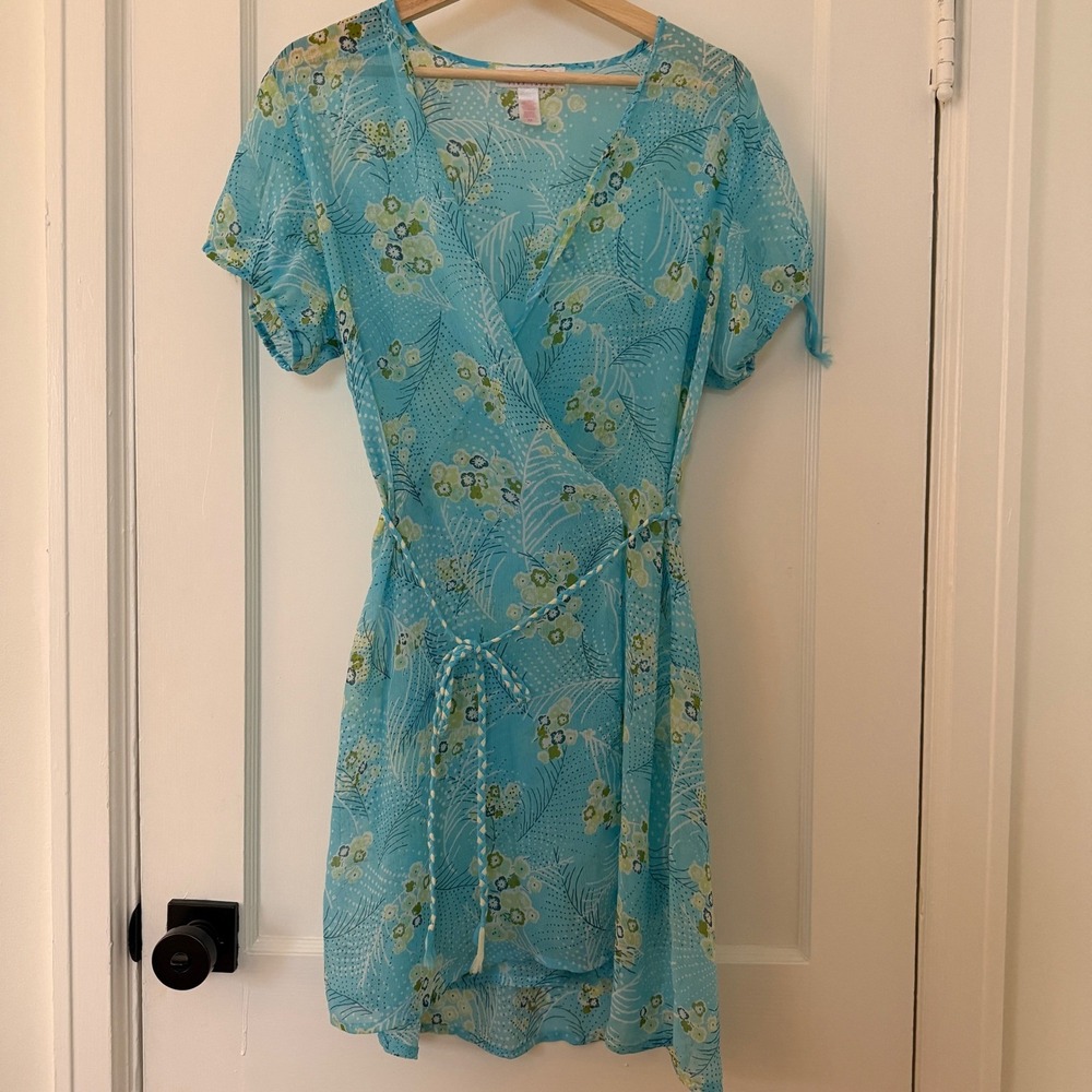Oscar de la Renta Blue Floral Chiffon Wrap Robe/Coverup Short Sleeve Size M